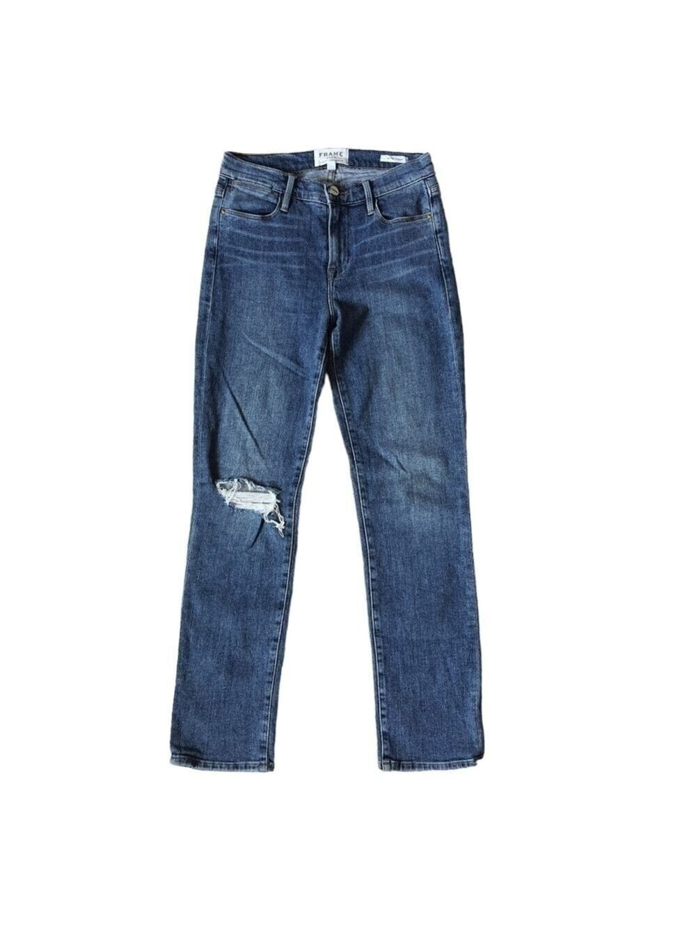 FRAME Le High Straight Jeans Broady Med Wash Distressed Ripped Knee Size 26